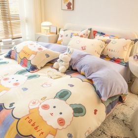 Winter Milk Four-piece Set Thickened Coral Velvet Double-sided (Option: Rainbow Rabbit-1.5m flat sheet)